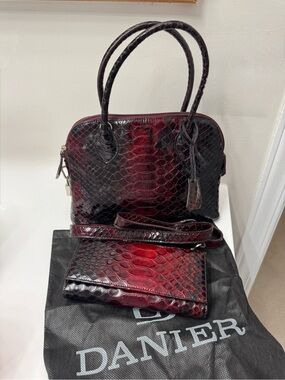 Danier Red and Black Ombre Croc-Embossed Leather Satchel with Matching Wallet